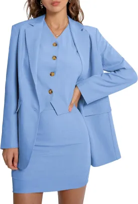 Women's 3 Piece Skirt Sets Business Casual Short Skort Blazer Suit Long Sleeve Jacket Vest Matching Outfits