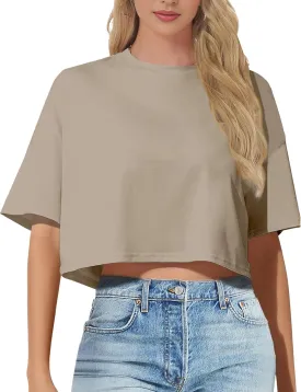 Women's Basic Crop Top Drop Shoulder T Shirt Half Sleeve Cropped Tee Crewneck Short Sleeve Casual Summer Solid Crop Tops