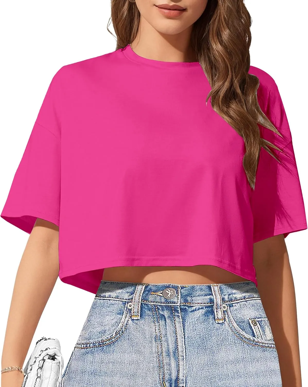 Women's Basic Crop Top Drop Shoulder T Shirt Half Sleeve Cropped Tee Crewneck Short Sleeve Casual Summer Solid Crop Tops