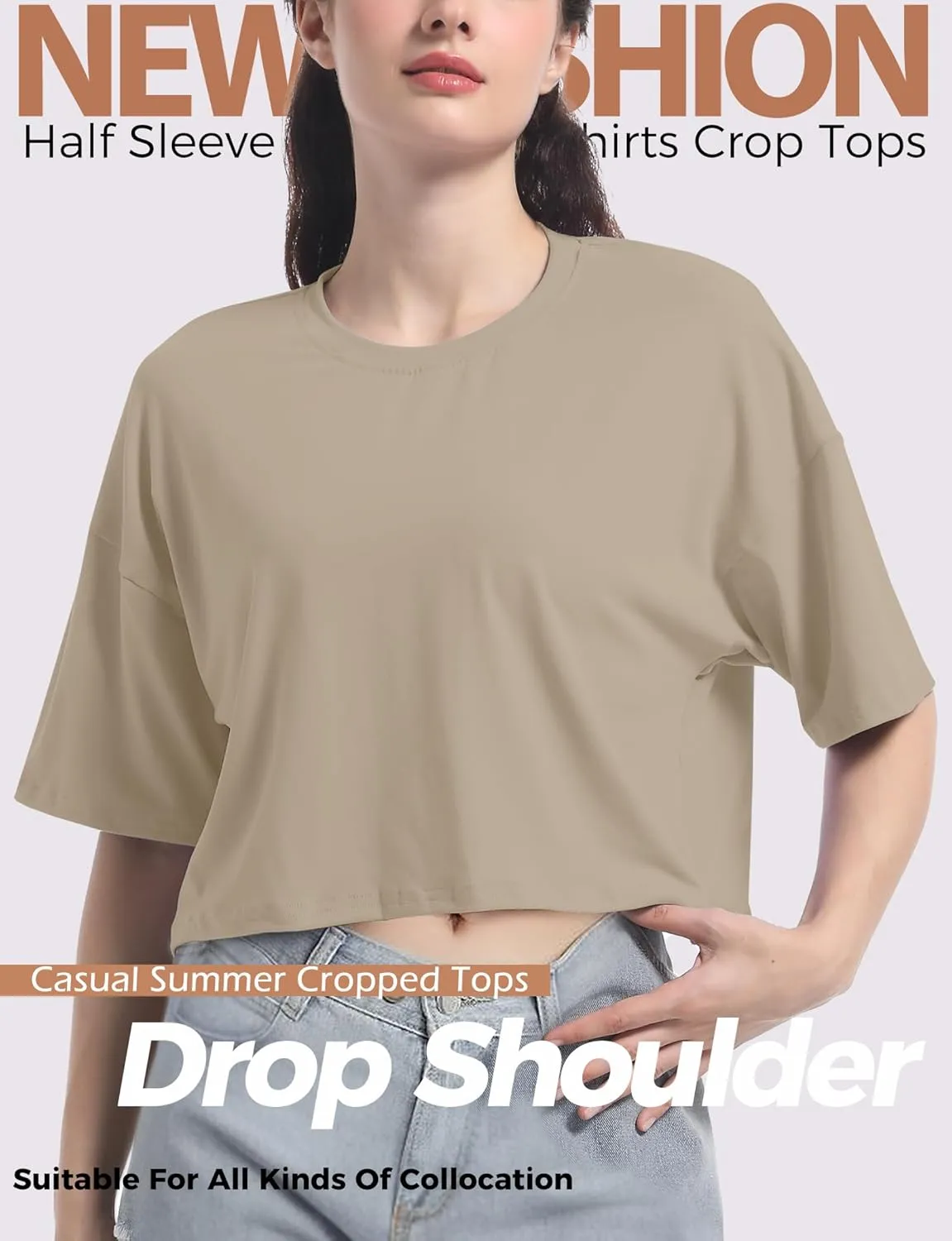Women's Basic Crop Top Drop Shoulder T Shirt Half Sleeve Cropped Tee Crewneck Short Sleeve Casual Summer Solid Crop Tops