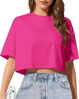 Women's Basic Crop Top Drop Shoulder T Shirt Half Sleeve Cropped Tee Crewneck Short Sleeve Casual Summer Solid Crop Tops