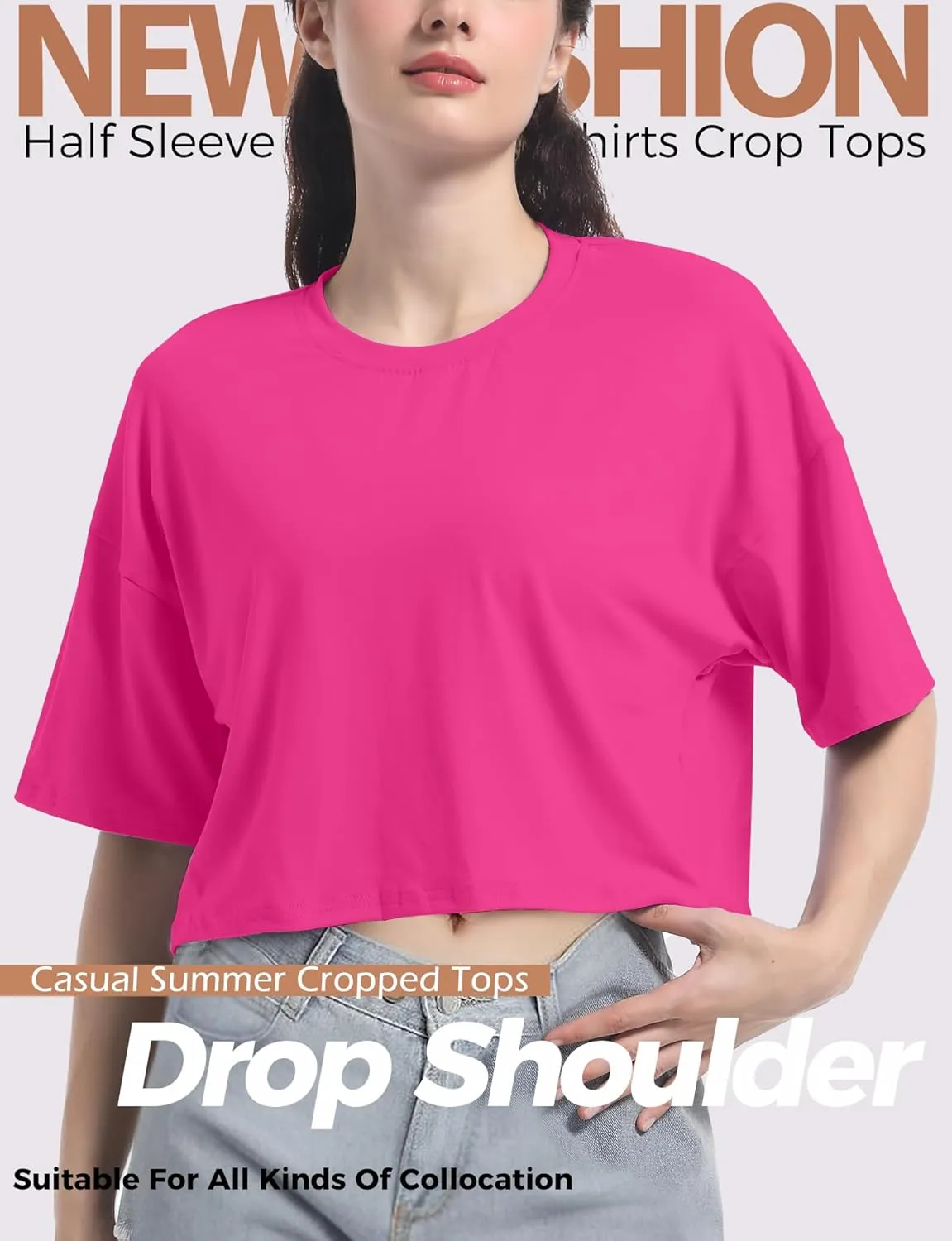 Women's Basic Crop Top Drop Shoulder T Shirt Half Sleeve Cropped Tee Crewneck Short Sleeve Casual Summer Solid Crop Tops