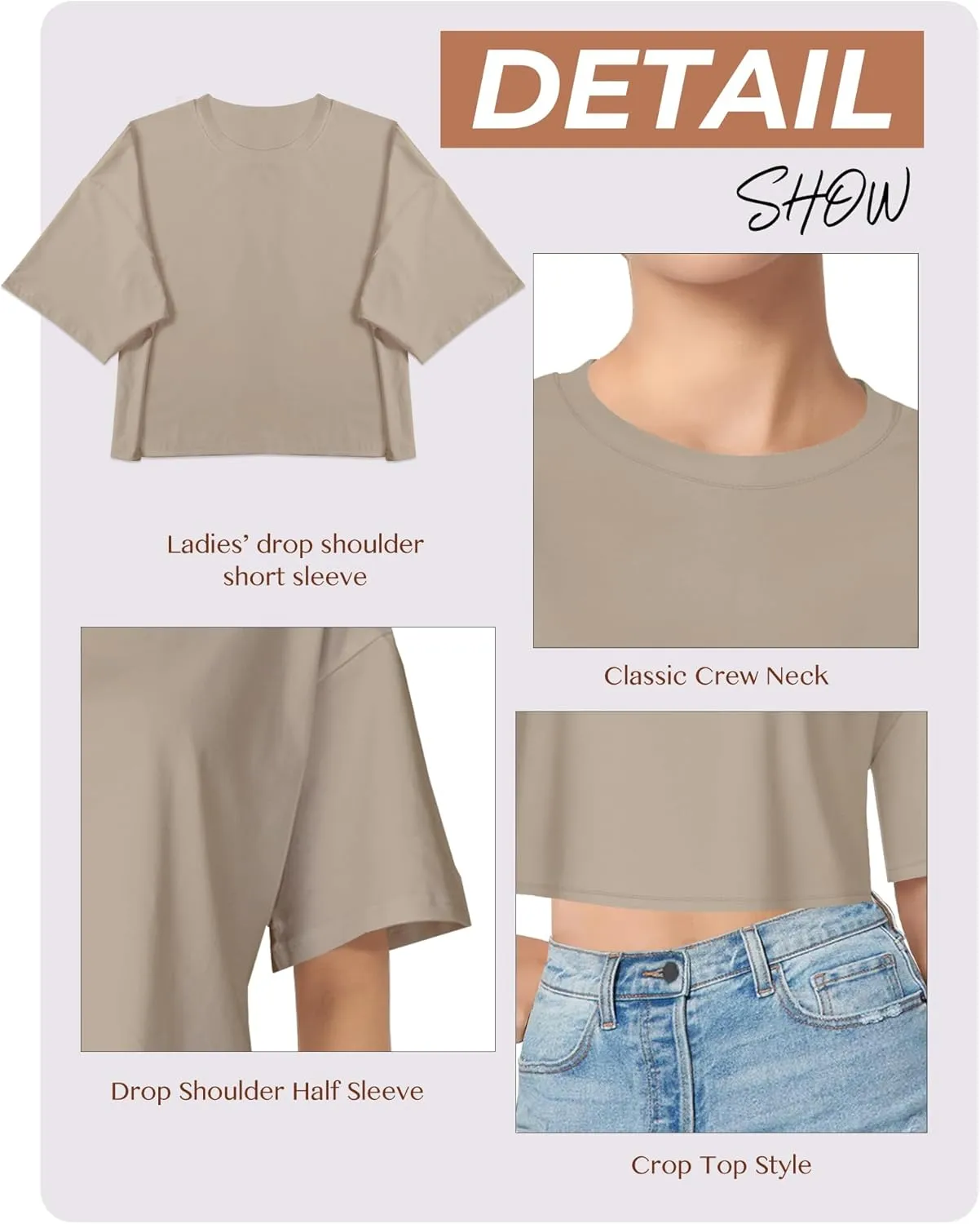 Women's Basic Crop Top Drop Shoulder T Shirt Half Sleeve Cropped Tee Crewneck Short Sleeve Casual Summer Solid Crop Tops