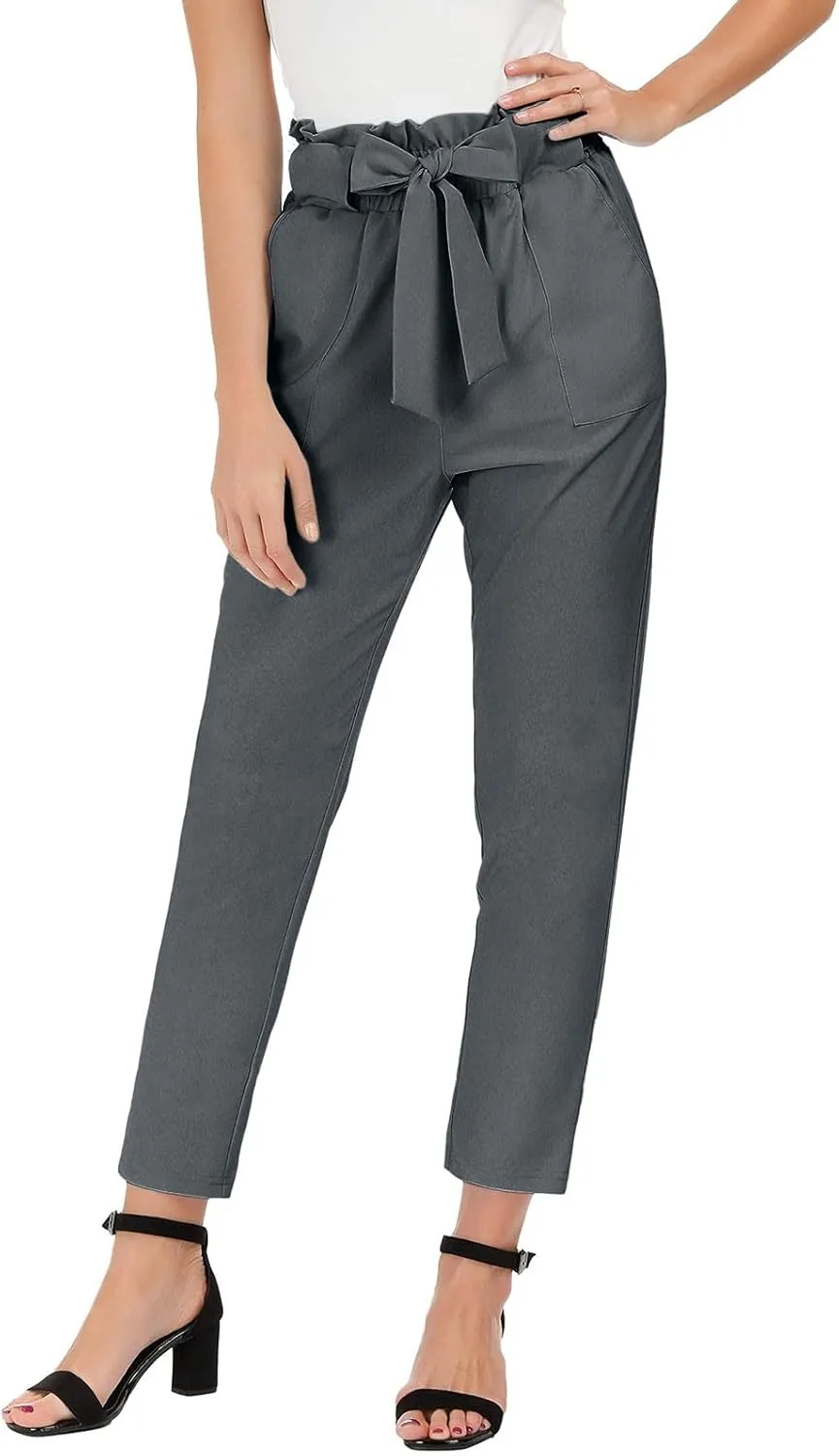 Women's Casual High Waist Pencil Pants Bow-Knot Cropped Paper Bag Trouser Elastic Waist Slim Suit Pants with Pockets