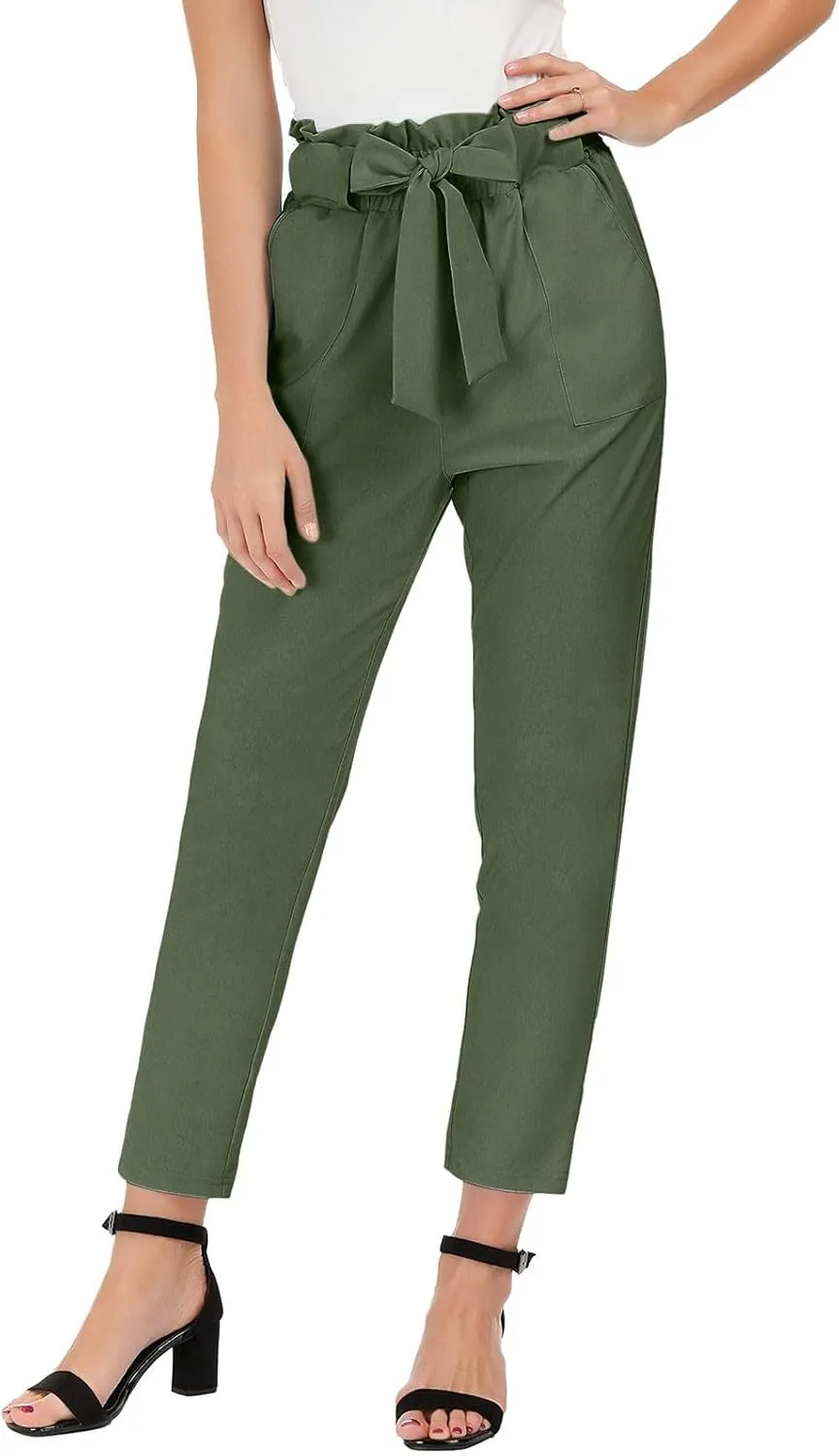 Women's Casual High Waist Pencil Pants Bow-Knot Cropped Paper Bag Trouser Elastic Waist Slim Suit Pants with Pockets