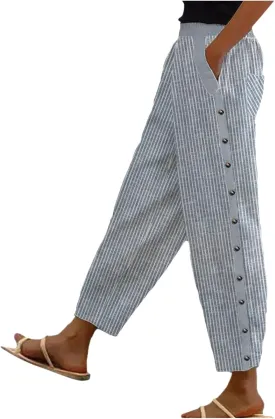 Women's Casual Lantern Harem Loose Elastic Waist Capris Pants Summer Buttons Stripe Print Slacks Trousers with Pocket