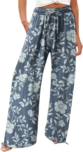 Womens Casual Linen High Waist Wide Leg Pants Straight Long Trousers with Pockets Beach Travel Vacation Outfits