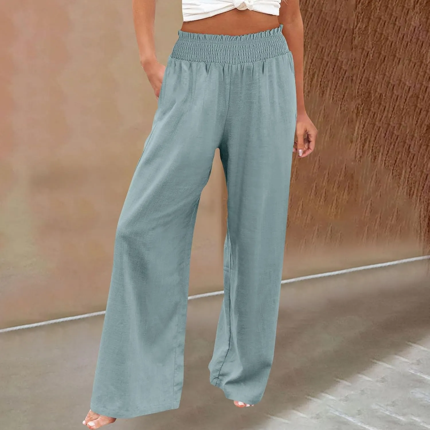 Womens Casual Linen High Waist Wide Leg Pants Straight Long Trousers with Pockets Beach Travel Vacation Outfits