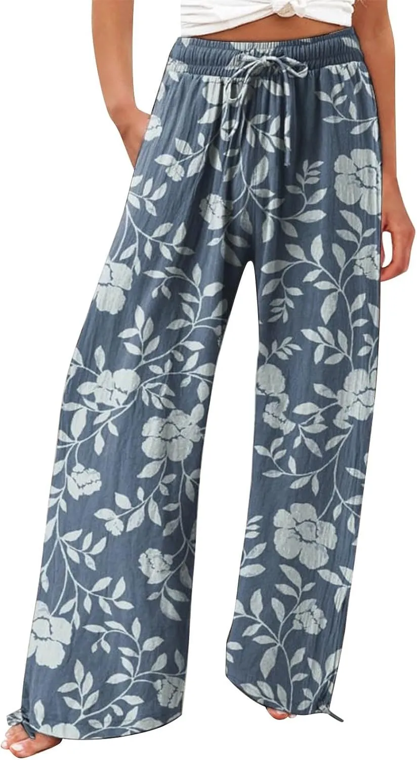 Womens Casual Linen High Waist Wide Leg Pants Straight Long Trousers with Pockets Beach Travel Vacation Outfits