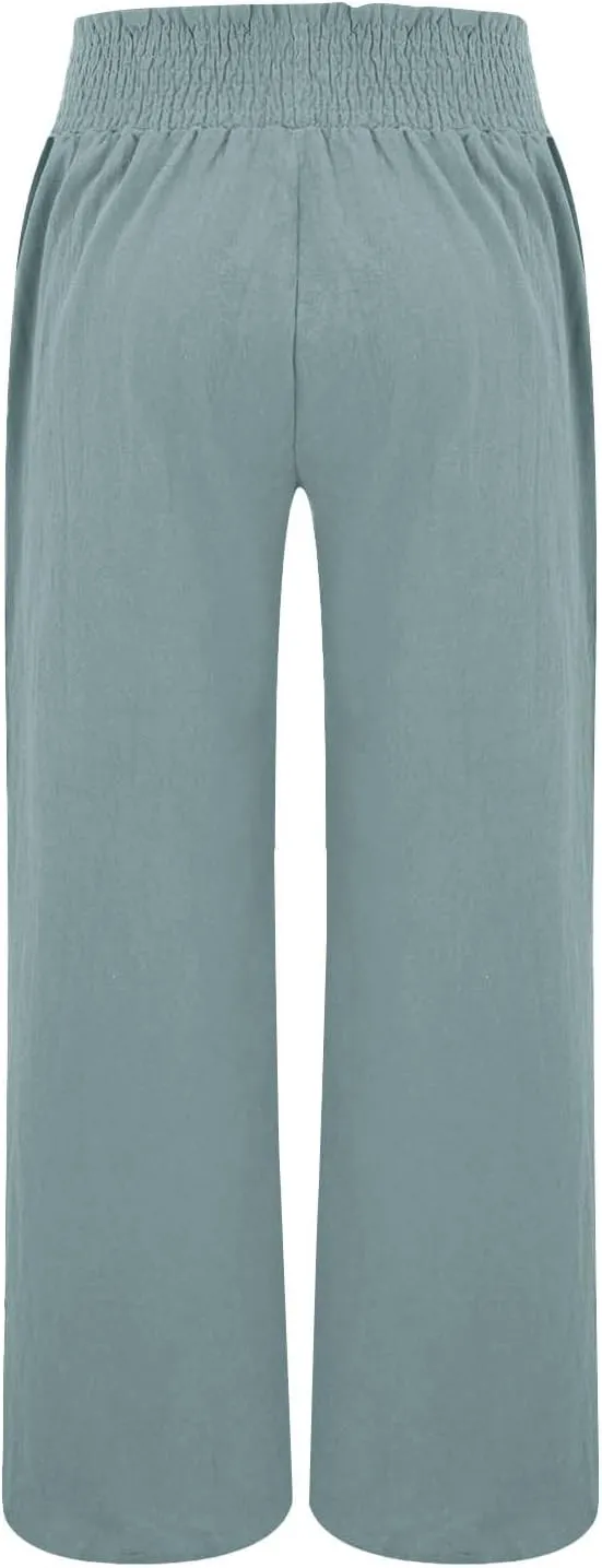 Womens Casual Linen High Waist Wide Leg Pants Straight Long Trousers with Pockets Beach Travel Vacation Outfits