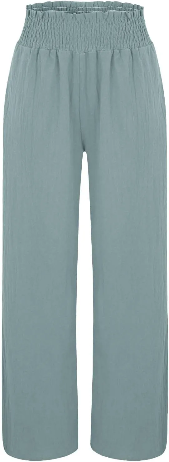 Womens Casual Linen High Waist Wide Leg Pants Straight Long Trousers with Pockets Beach Travel Vacation Outfits