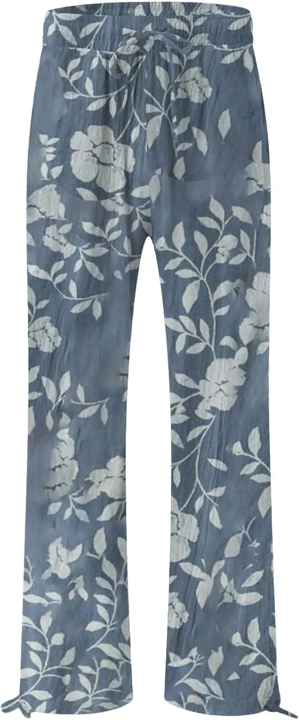 Womens Casual Linen High Waist Wide Leg Pants Straight Long Trousers with Pockets Beach Travel Vacation Outfits