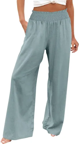Womens Casual Linen High Waist Wide Leg Pants Straight Long Trousers with Pockets Beach Travel Vacation Outfits