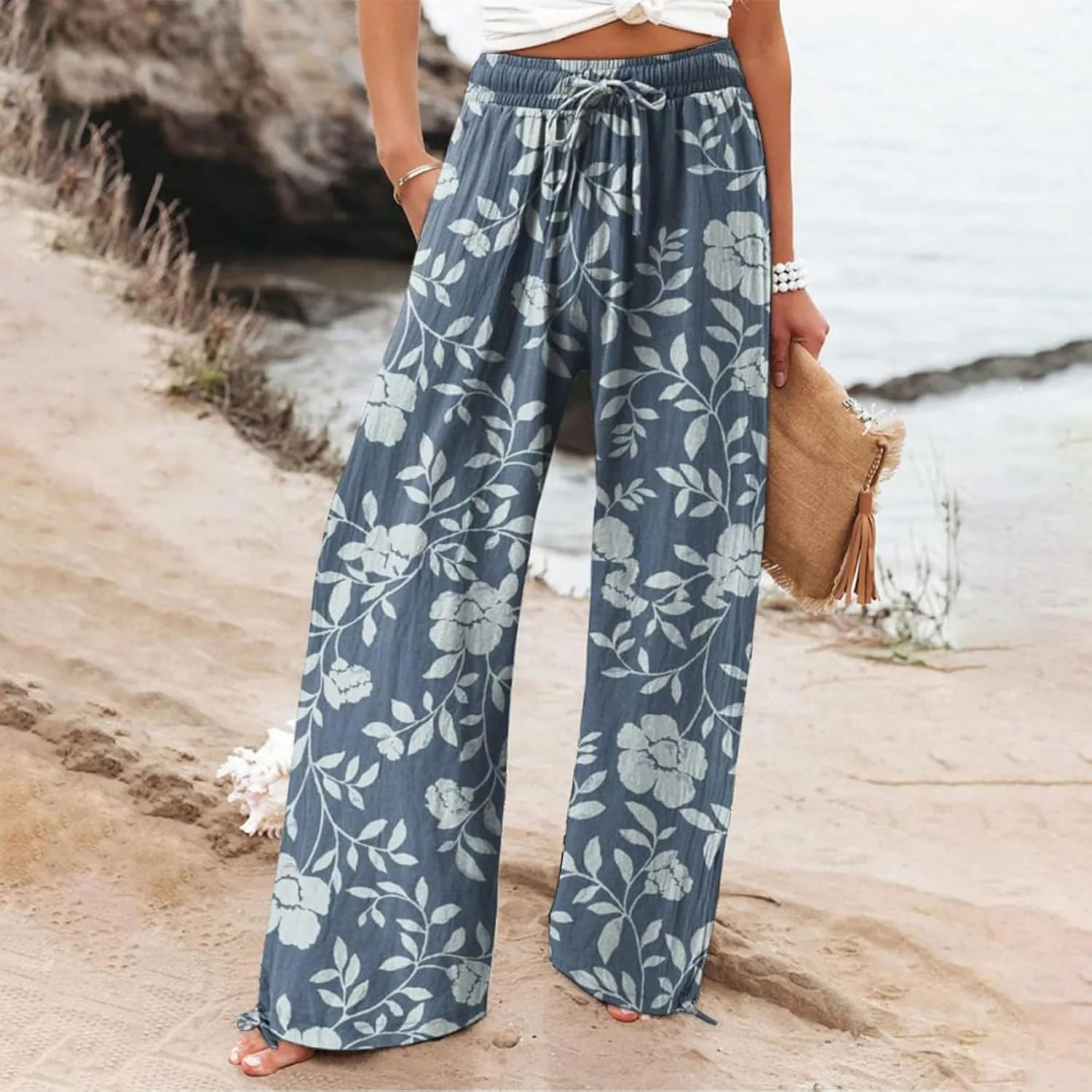 Womens Casual Linen High Waist Wide Leg Pants Straight Long Trousers with Pockets Beach Travel Vacation Outfits
