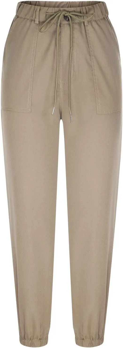 Womens Dressy Casual Slim Fit Tapered Cargo Pants Skinny High Waist Lightweight Pull On Pants with Pockets for Work