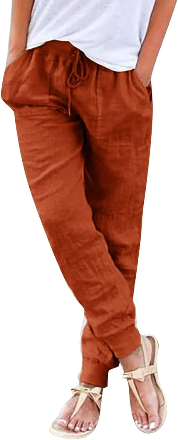 Womens Linen Jogger Pants Summer Casual Tapered Leg Pant Lightweight Elastic Waist Joggers Comfy Lounge Trousers