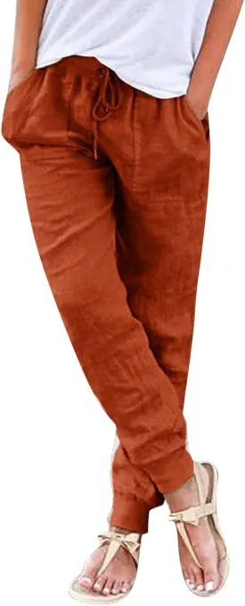 Womens Linen Jogger Pants Summer Casual Tapered Leg Pant Lightweight Elastic Waist Joggers Comfy Lounge Trousers