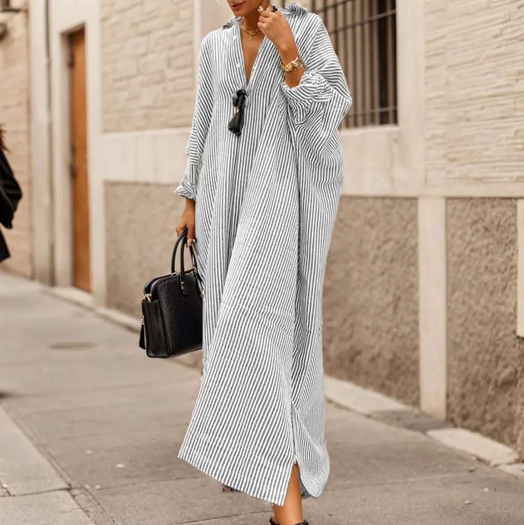 Womens Linen Maxi Dress Striped Button Down Shirt Dresses Casual Oversized Loose Fit Shirt Beach Vacation Dresses