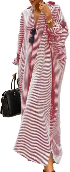 Womens Linen Maxi Dress Striped Button Down Shirt Dresses Casual Oversized Loose Fit Shirt Beach Vacation Dresses