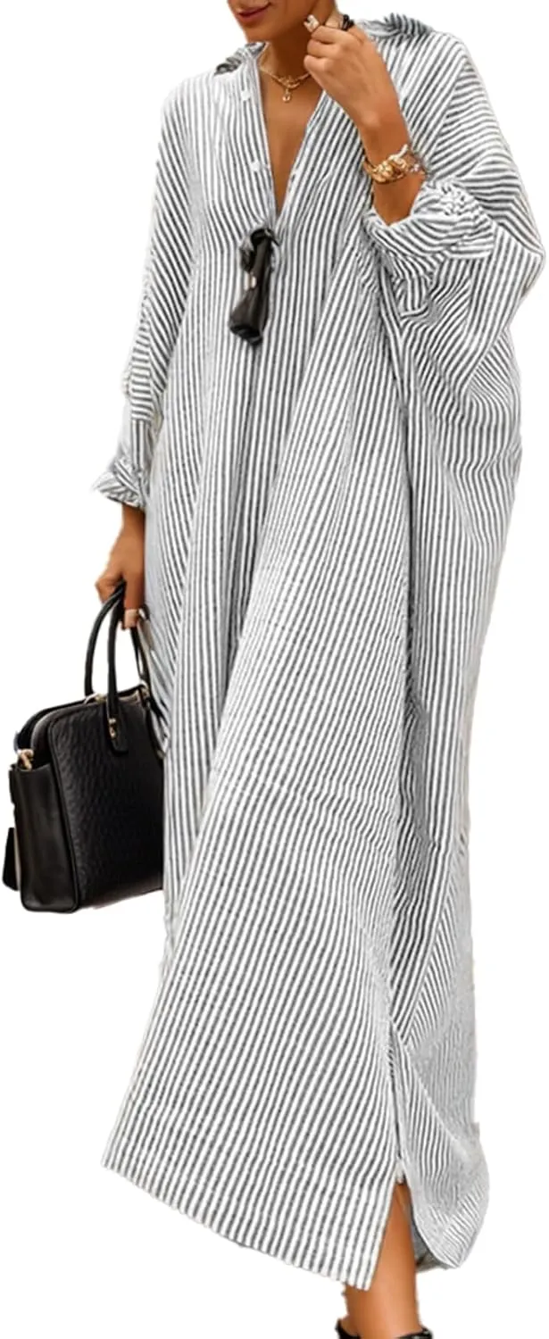 Womens Linen Maxi Dress Striped Button Down Shirt Dresses Casual Oversized Loose Fit Shirt Beach Vacation Dresses