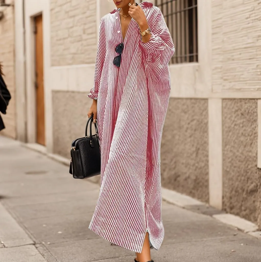 Womens Linen Maxi Dress Striped Button Down Shirt Dresses Casual Oversized Loose Fit Shirt Beach Vacation Dresses
