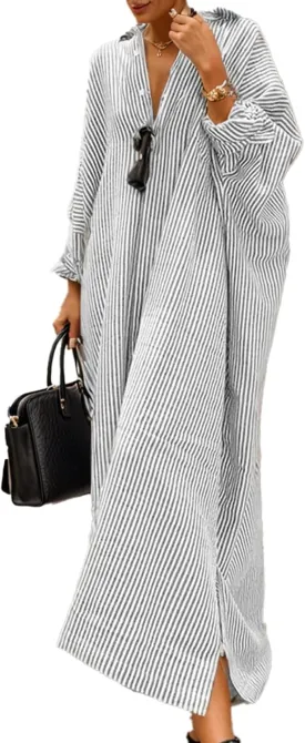 Womens Linen Maxi Dress Striped Button Down Shirt Dresses Casual Oversized Loose Fit Shirt Beach Vacation Dresses