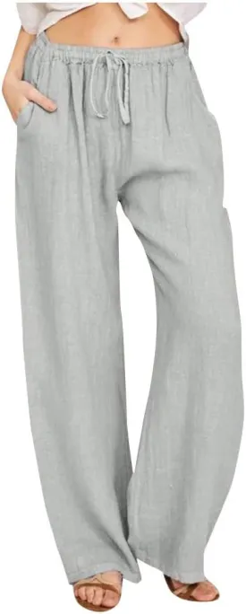 Women's Linen Pants Summer, Wide Leg, High Waisted, Drawstring, Beach Trousers, Blue, Size 0-22