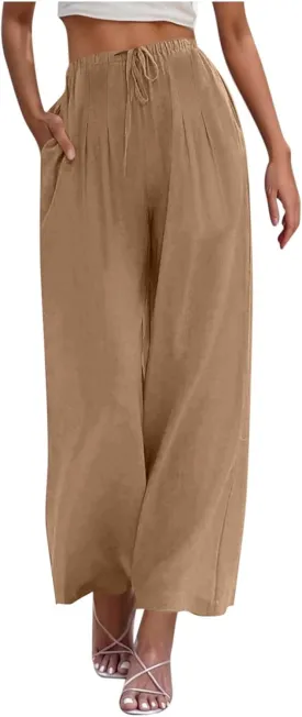 Womens Linen Wide Leg Pants Elastic High Waist Casual Pant Drawstring Loose Flowy Palazzo Trousers with Pockets