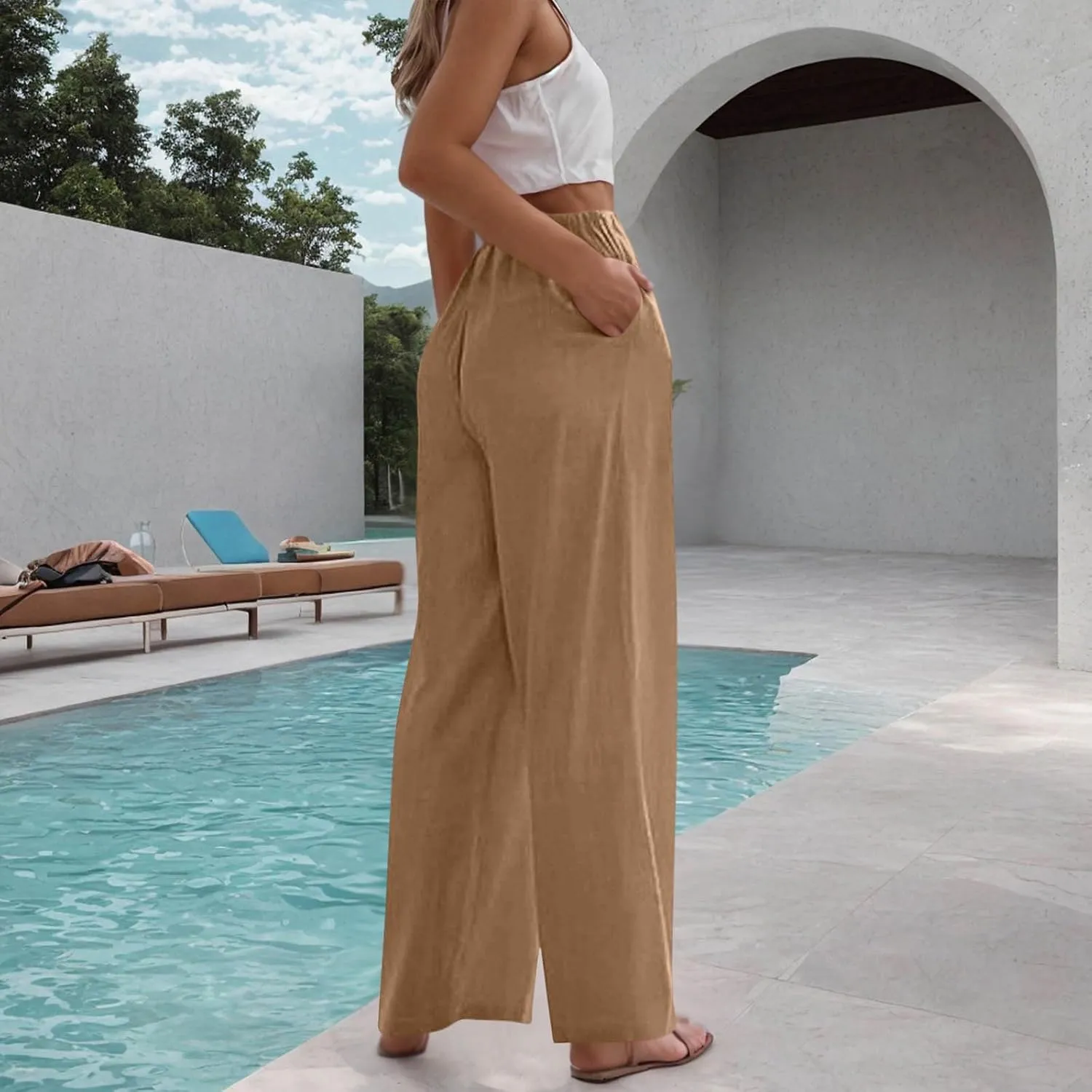 Womens Linen Wide Leg Pants Elastic High Waist Casual Pant Drawstring Loose Flowy Palazzo Trousers with Pockets