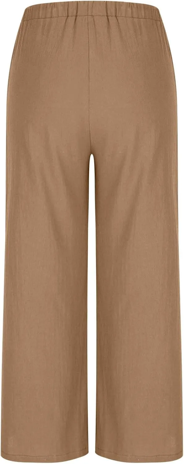 Womens Linen Wide Leg Pants Elastic High Waist Casual Pant Drawstring Loose Flowy Palazzo Trousers with Pockets