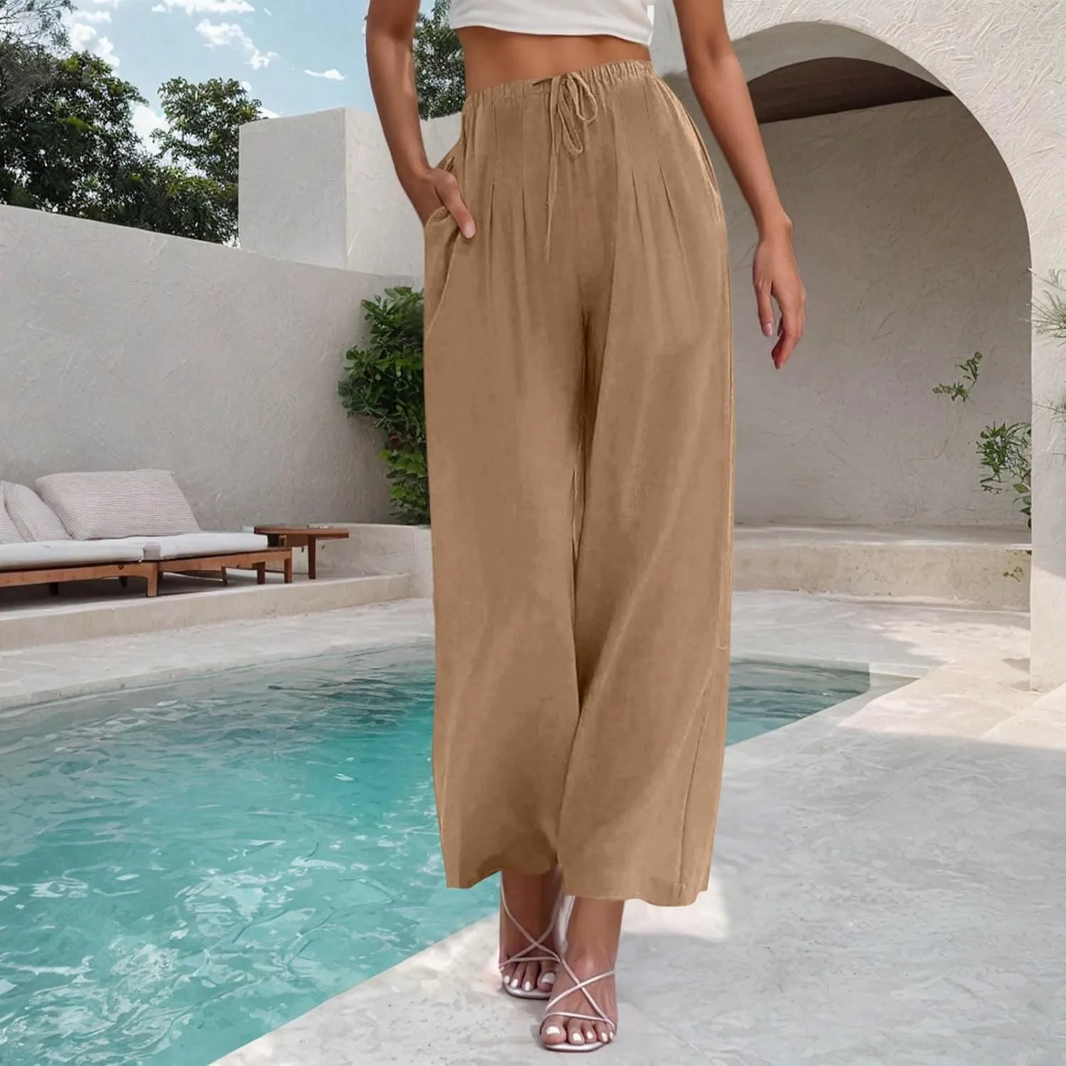 Womens Linen Wide Leg Pants Elastic High Waist Casual Pant Drawstring Loose Flowy Palazzo Trousers with Pockets