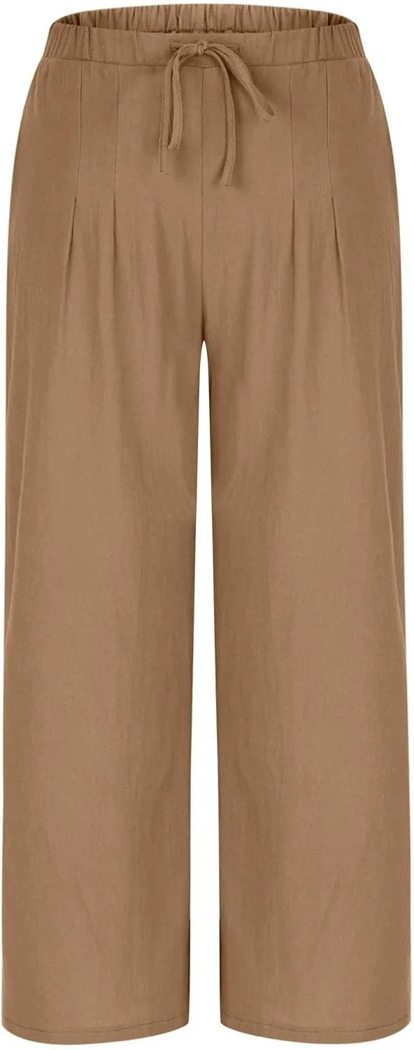 Womens Linen Wide Leg Pants Elastic High Waist Casual Pant Drawstring Loose Flowy Palazzo Trousers with Pockets