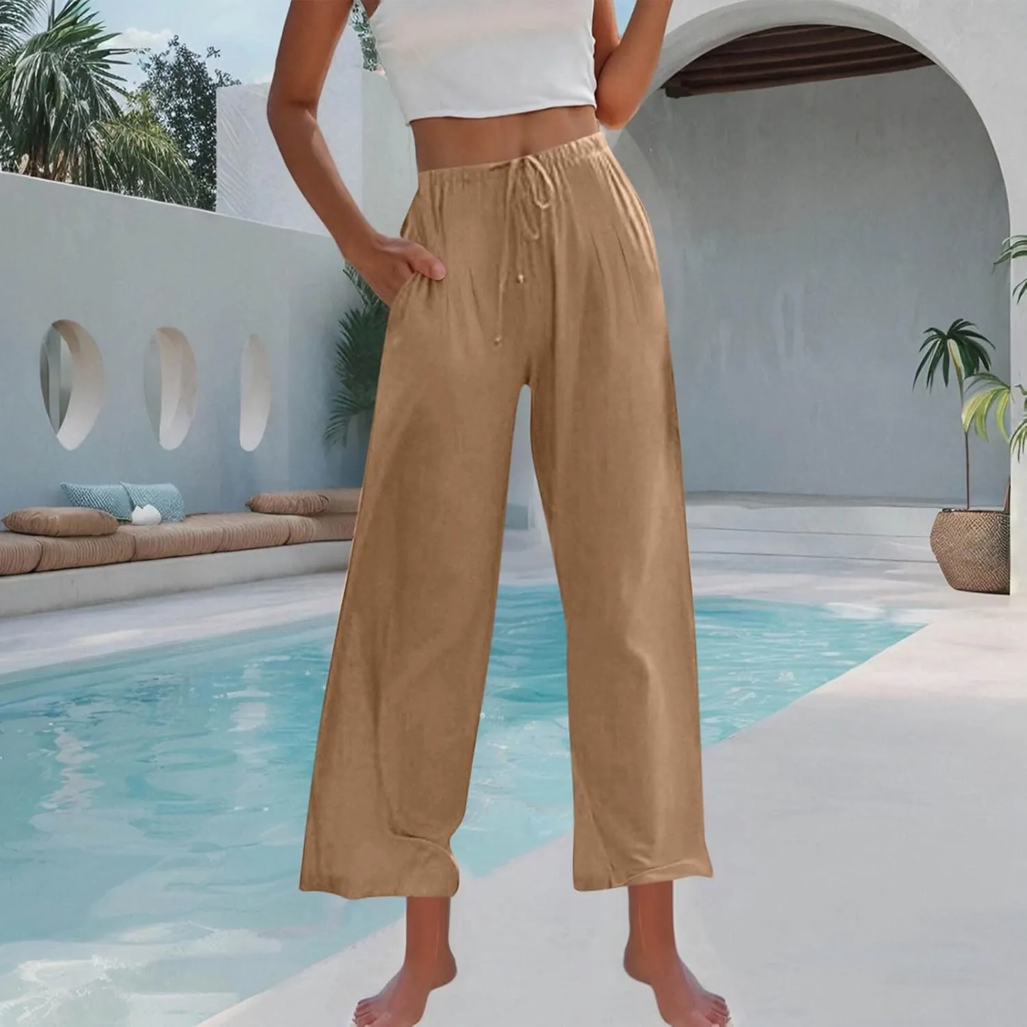 Womens Linen Wide Leg Pants Elastic High Waist Casual Pant Drawstring Loose Flowy Palazzo Trousers with Pockets