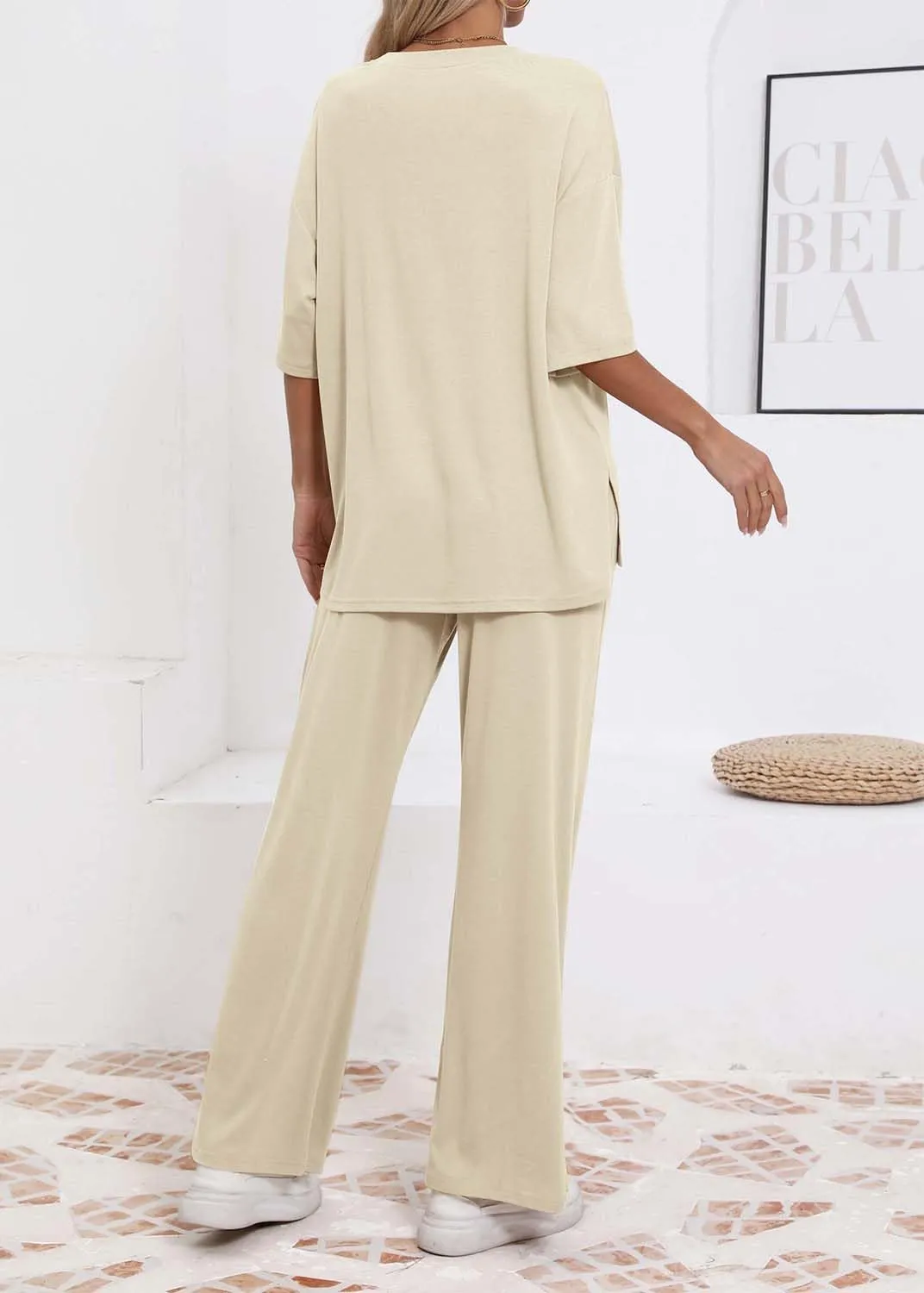 Womens Lounge Set 2 Piece Outfits Casual Loose Fit Short Sleeve Tops and Wide Leg Pants Tracksuits