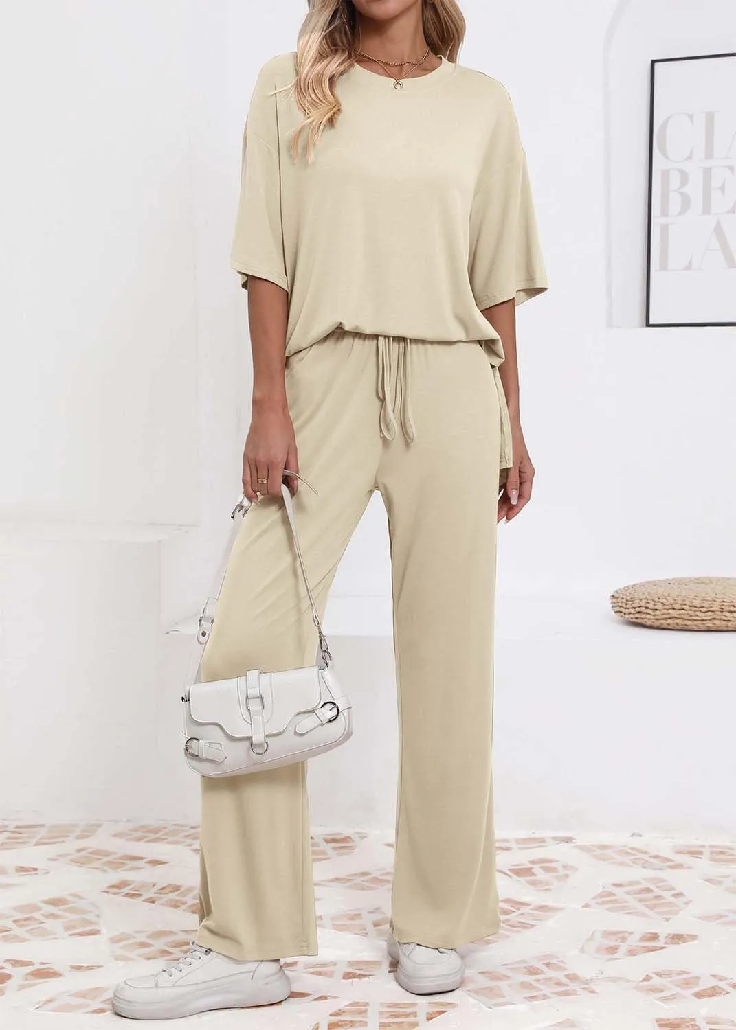 Womens Lounge Set 2 Piece Outfits Casual Loose Fit Short Sleeve Tops and Wide Leg Pants Tracksuits