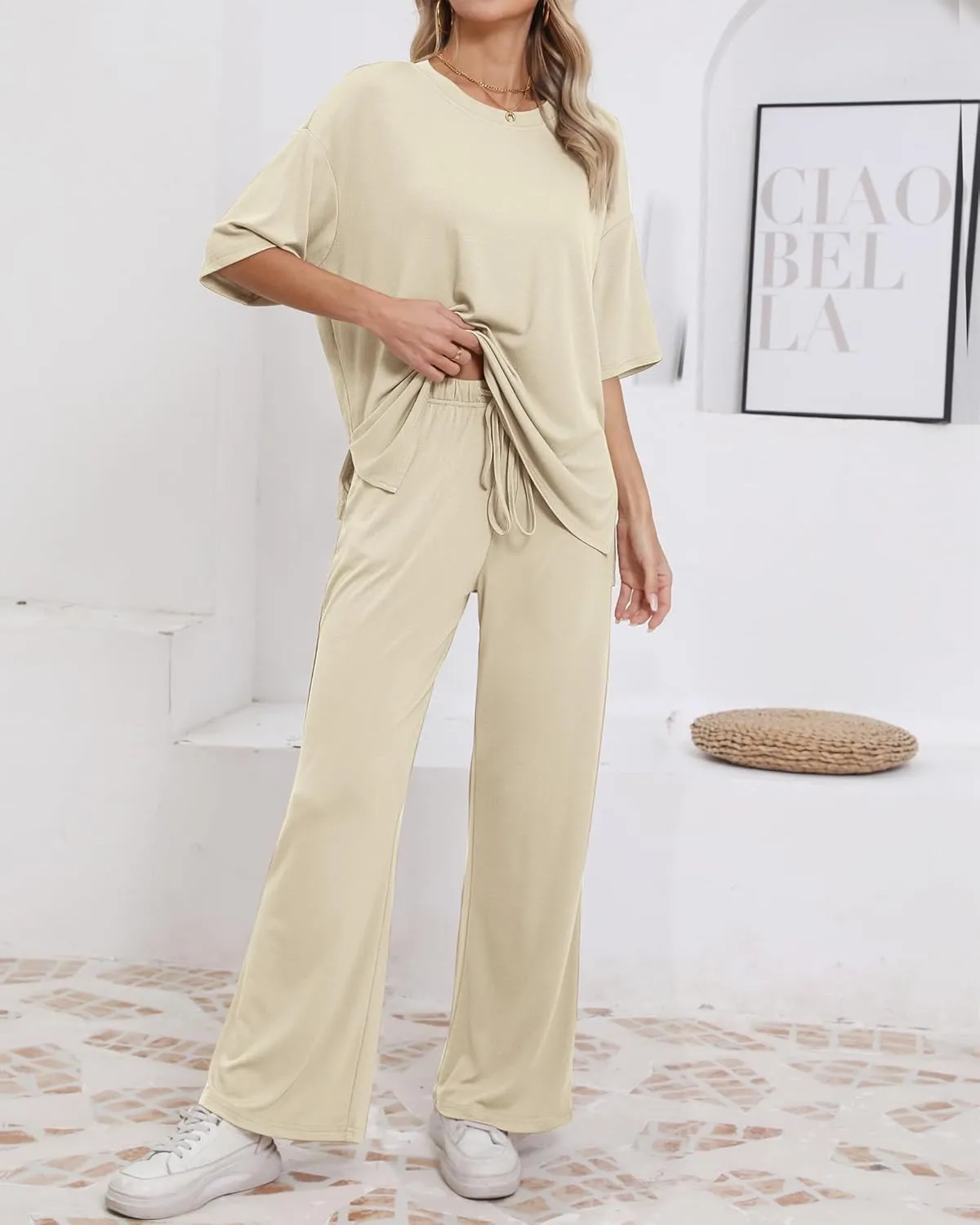 Womens Lounge Set 2 Piece Outfits Casual Loose Fit Short Sleeve Tops and Wide Leg Pants Tracksuits