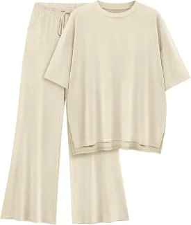Womens Lounge Set 2 Piece Outfits Casual Loose Fit Short Sleeve Tops and Wide Leg Pants Tracksuits