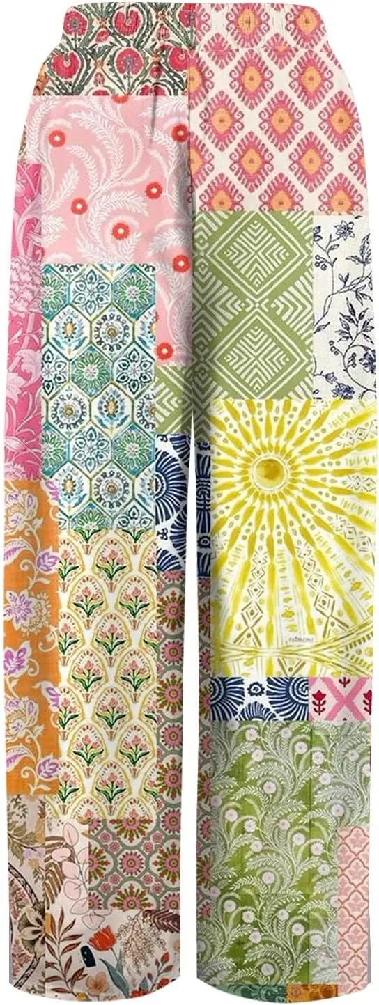 Womens Pants Wide Leg High Waistd Beach 2025 Pants Side Split Drawstring Elastic Waist Floral Print Pockets Trousers