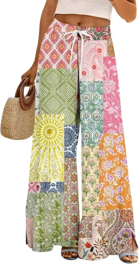 Womens Pants Wide Leg High Waistd Beach 2025 Pants Side Split Drawstring Elastic Waist Floral Print Pockets Trousers