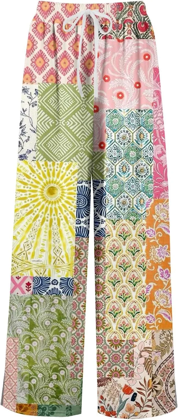 Womens Pants Wide Leg High Waistd Beach 2025 Pants Side Split Drawstring Elastic Waist Floral Print Pockets Trousers