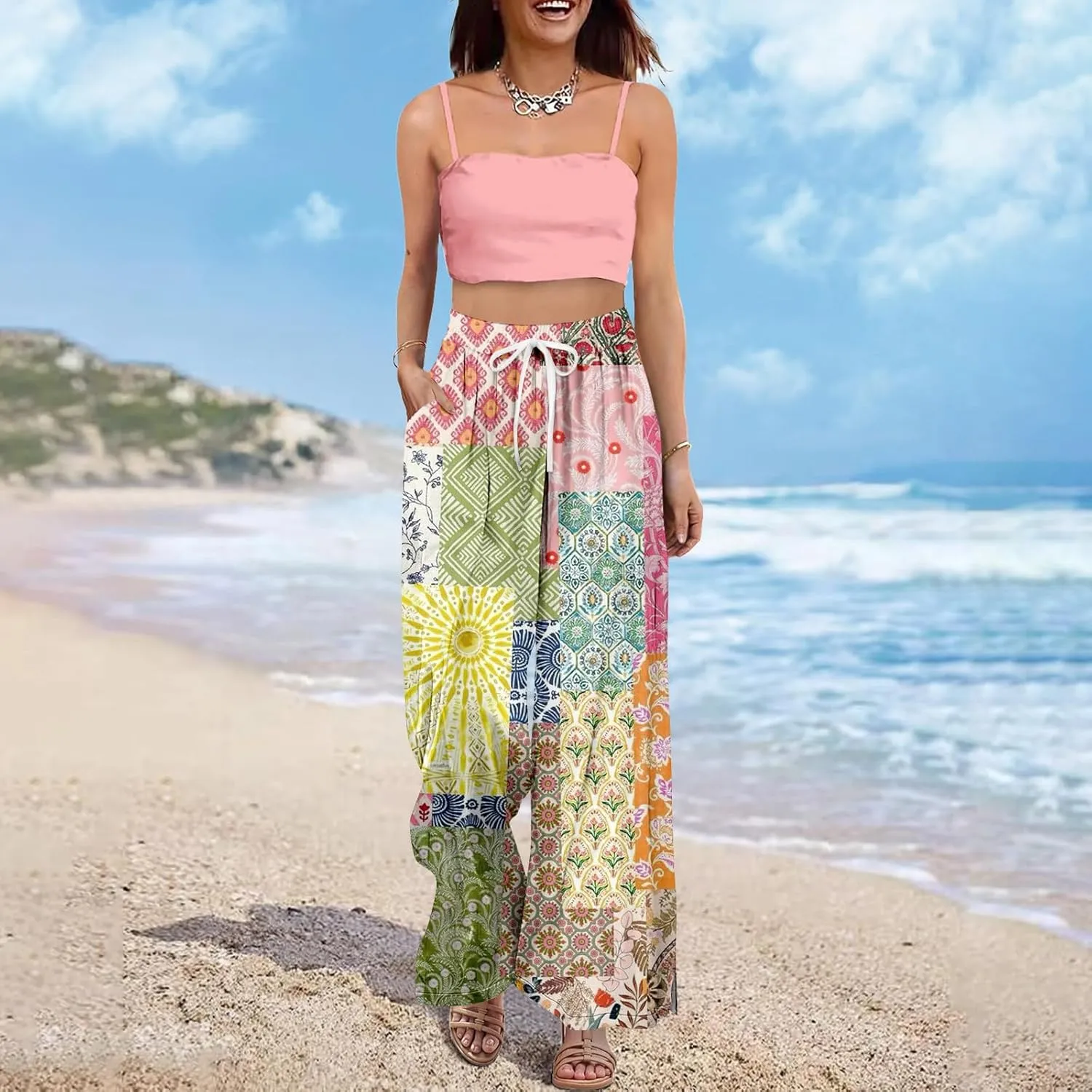 Womens Pants Wide Leg High Waistd Beach 2025 Pants Side Split Drawstring Elastic Waist Floral Print Pockets Trousers