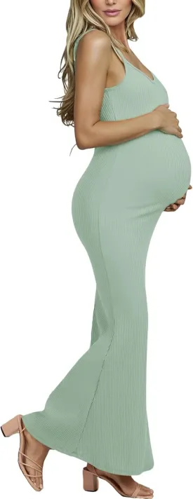 Women's Ribbed Spaghetti Strap Maternity Dress Elegant Slip Sleeveless Bodycon Maxi Pregnancy Dresses