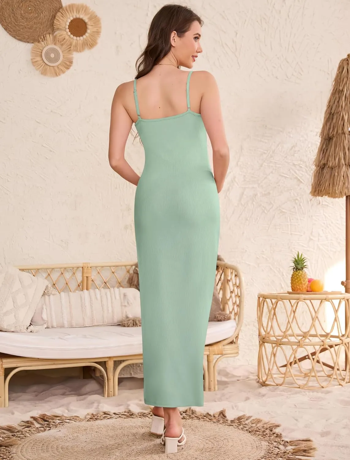 Women's Ribbed Spaghetti Strap Maternity Dress Elegant Slip Sleeveless Bodycon Maxi Pregnancy Dresses