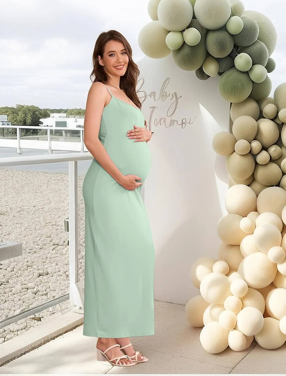 Women's Ribbed Spaghetti Strap Maternity Dress Elegant Slip Sleeveless Bodycon Maxi Pregnancy Dresses