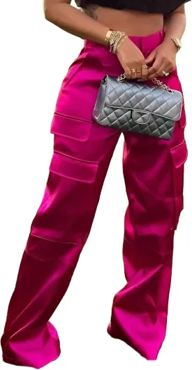 Women's Satin Cargo Wide Leg Pants Silky Dressy Relaxed Casual Pocketed Long Trouser