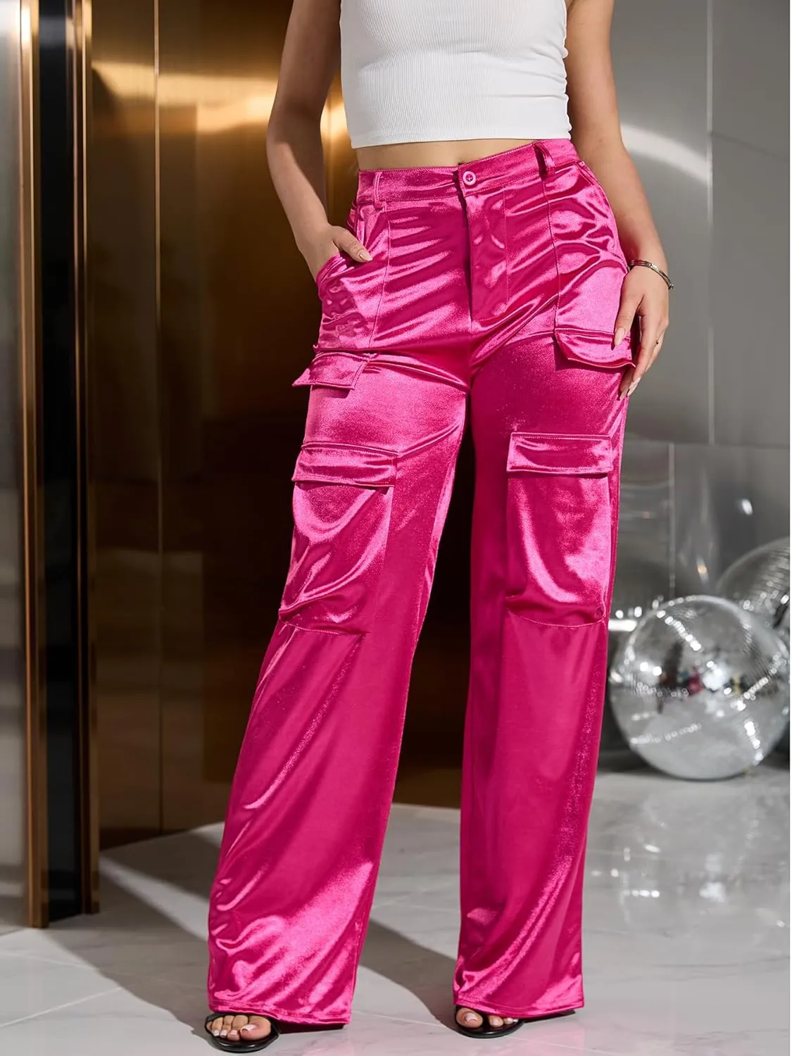 Women's Satin Cargo Wide Leg Pants Silky Dressy Relaxed Casual Pocketed Long Trouser