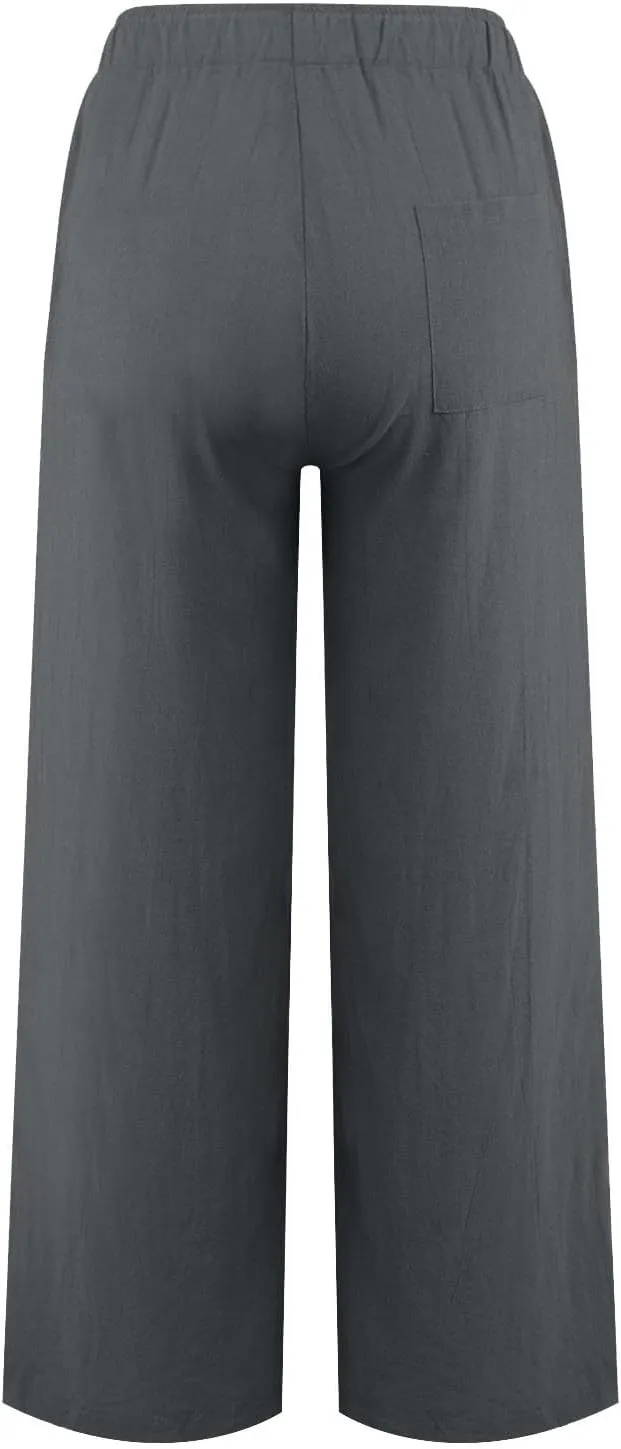 Women's Summer Linen Pants Flowy Wide Leg Long Lounge Pant Drawstring Trousers with Pocket