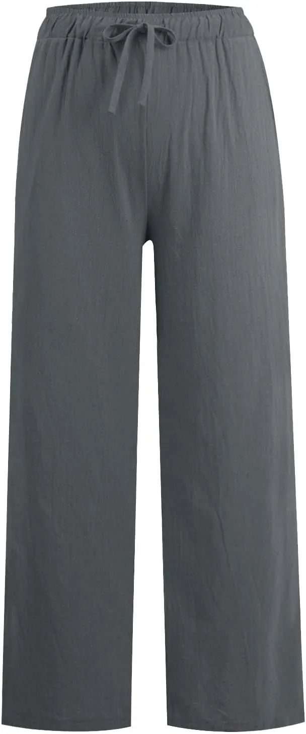 Women's Summer Linen Pants Flowy Wide Leg Long Lounge Pant Drawstring Trousers with Pocket