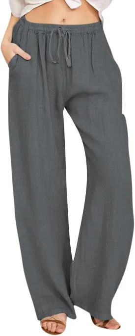 Women's Summer Linen Pants Flowy Wide Leg Long Lounge Pant Drawstring Trousers with Pocket