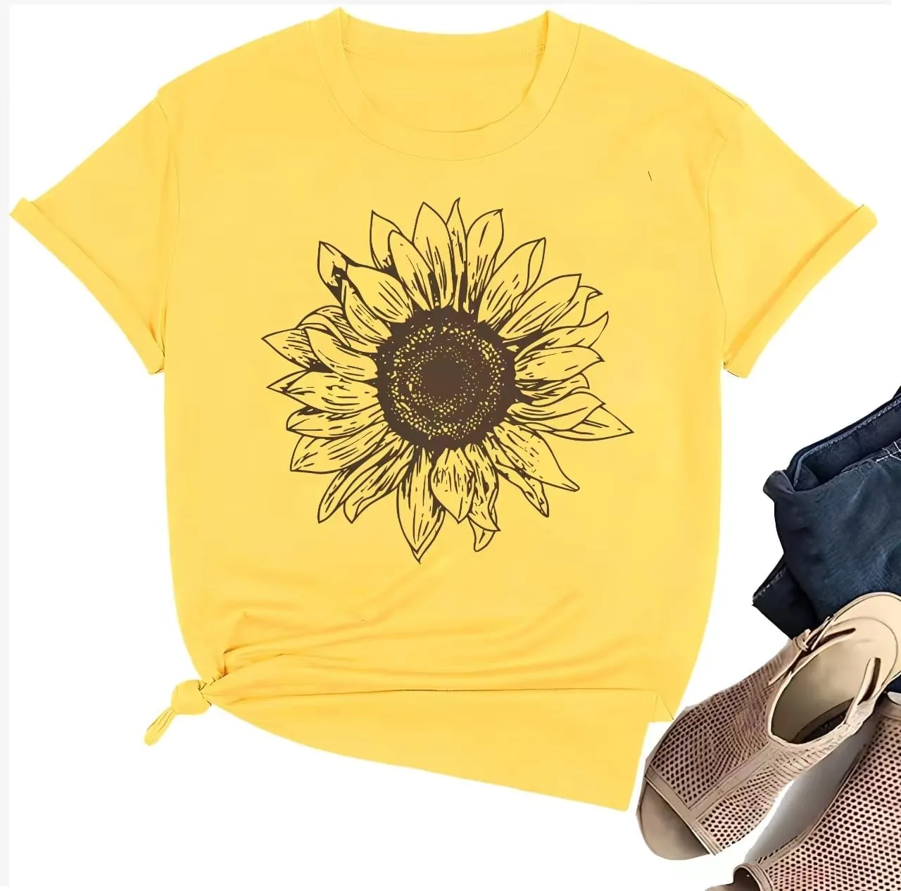 Women's Sunflower Graphic T-Shirts Boho Wildflowers Tee Tops Cute Summer Vintage Butterfly Short Sleeve Casual Holiday Tops